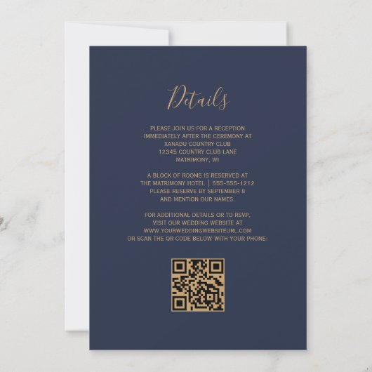 Paarse Gouden Agaat Navy Blue QR Code Wedding Kaart (Achterkant)