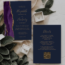 Paarse Gouden Agaat Navy Blue QR Code Wedding Kaart