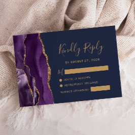 Paarse Gouden Agaat Navy Blue Wedding RSVP Kaart