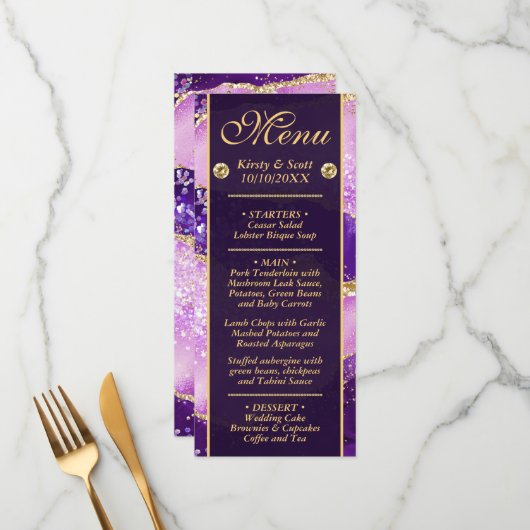 Paarse Gouden Agaat Patroon Bruiloft Menu (Voorkant / Achterkant in situ)