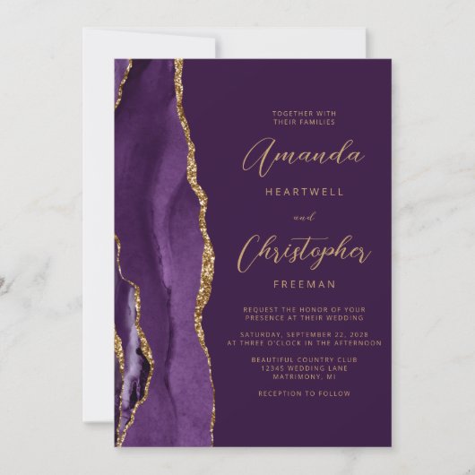 Paarse Gouden Agaat Plum QR Code Wedding Kaart (Voorkant)