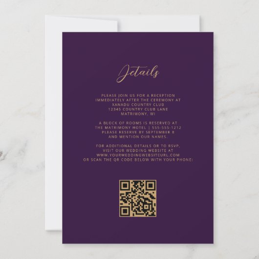 Paarse Gouden Agaat Plum QR Code Wedding Kaart (Achterkant)