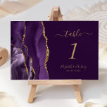 Paarse gouden agaat pruim bruiloft kaart<br><div class="desc">De linkerkant van deze elegante moderne bruidstafelnummerkaart is voorzien van een paarse waterverf agaatrand met faux gouden glitter. De aanpasbare tekst combineert goudkleurig handschrift en cursieve en kopervormige lettertypen op een rijke pruimenachtergrond.</div>