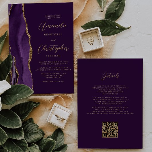 Paarse Gouden Agaat Pruim QR Code Bruiloft Kaart