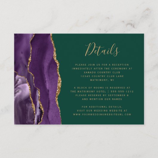 Paarse gouden agaat smaragdgroene bruiloft details informatiekaartje (Voorkant)