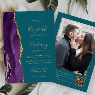 Paarse Gouden Agaat Turquoise Foto QR Code Bruilof Kaart