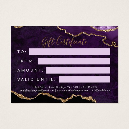 Paarse gouden agaat zakelijke cadeaubon visitekaartje (Achterkant)