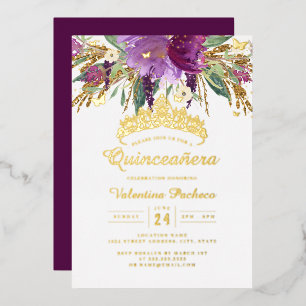 Paarse Gouden Amethist Bloemige Quinceanera Folie Uitnodiging
