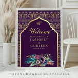 Paarse Gouden Anand Karaj Bruiloft Welkomstbord Poster<br><div class="desc">Traditionele Sikh bruiloft welkomstbord met een elegante pauwenpatroon achtergrond en mooie waterverf met een moderne typografie.</div>
