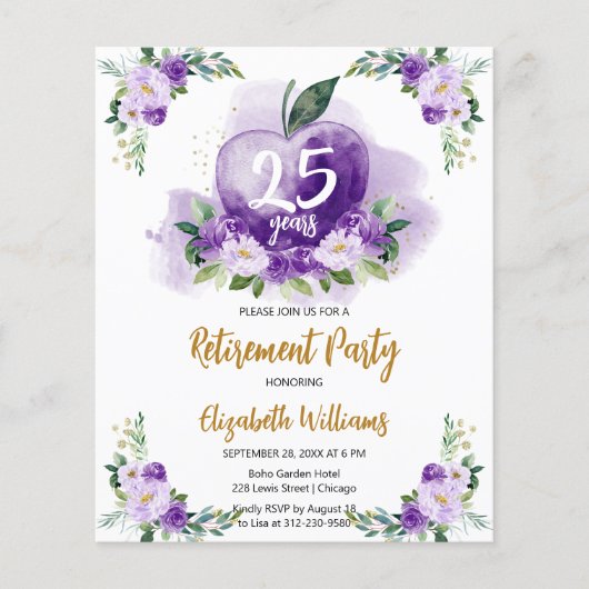 Paarse gouden appel bloemen leraar pensioen partij (Voorkant)