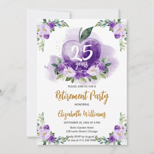 Paarse gouden appel bloemen leraar pensioen partij kaart (Voorkant)