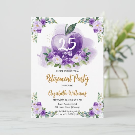 Paarse gouden appel bloemen leraar pensioen partij kaart (Staand voorkant)