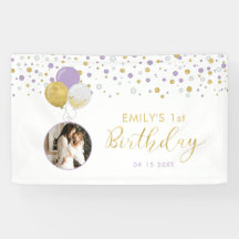 Paarse & Gouden Ballon 1e Verjaardag Foto Banner