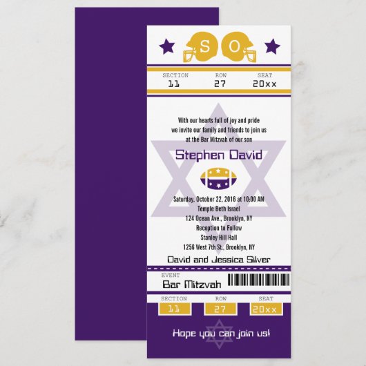 Paarse gouden bar mitswa Football ticketuitnodigin Kaart (Voorkant / Achterkant)