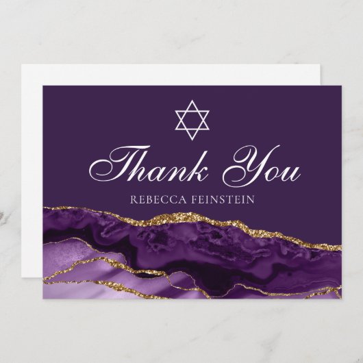 Paarse Gouden Bat Mitswa Ster van David Custom Bedankkaart (Voorkant / Achterkant)