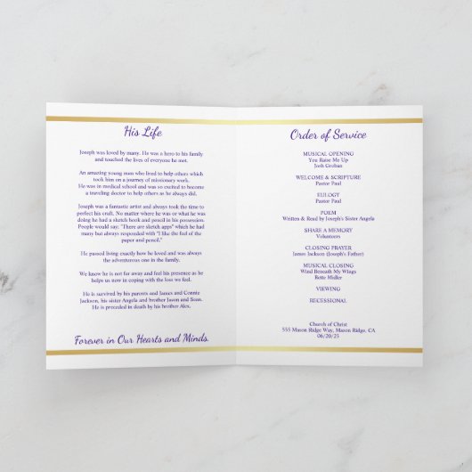 Paarse gouden begrafenisdienst gevouwen programma (Binnen)