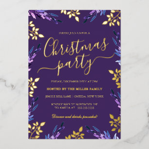 Paarse Gouden Blad Kerstfeest Folie Uitnodiging