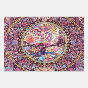 Paarse Gouden Blauwe Perzische Bloemen Pauw Decoup Inpakpapier Vel