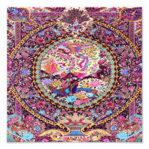 Paarse Gouden Blauwe Perzische Bloemen Pauw Foto Afdruk