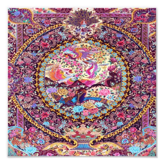 Paarse Gouden Blauwe Perzische Bloemen Pauw Foto Afdruk (Voorkant)