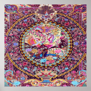 Paarse Gouden Blauwe Perzische Bloemen Pauw Poster