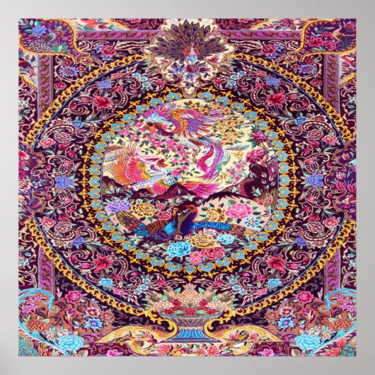 Paarse Gouden Blauwe Perzische Bloemen Pauw Poster (Voorkant)