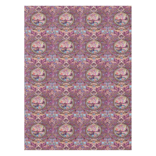 Paarse Gouden Blauwe Perzische Bloemen Pauw Tafelkleed (Voorkant)