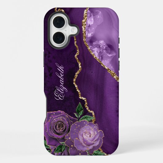Paarse Gouden Bloem Agate Initialen iPhone Hoesje (Achterkant)