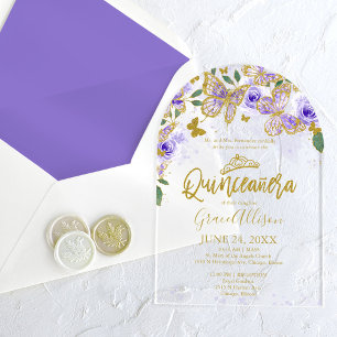 Paarse Gouden Bloem Butterfly Quinceañera Acryl Uitnodigingen