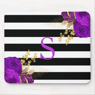 Paarse Gouden Bloem Monogram Zwart Witte Strepen Muismat