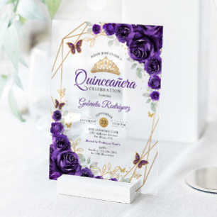 Paarse Gouden Bloem Quinceanera Acryl Uitnodigingen