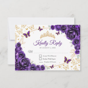 Paarse Gouden Bloem Quinceanera-reactie RSVP Kaartje