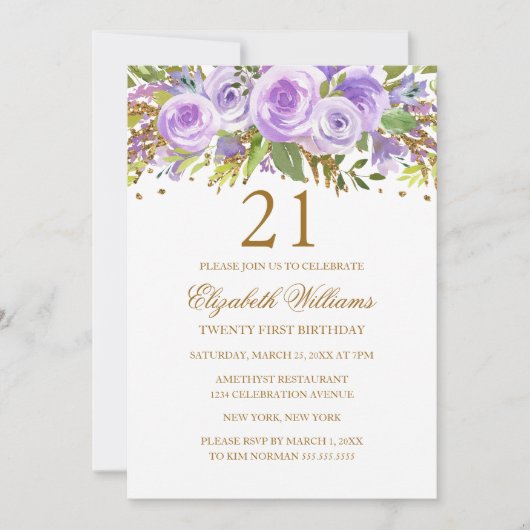 Paarse Gouden Bloem Roos 21e Verjaardag Kaart (Voorkant)
