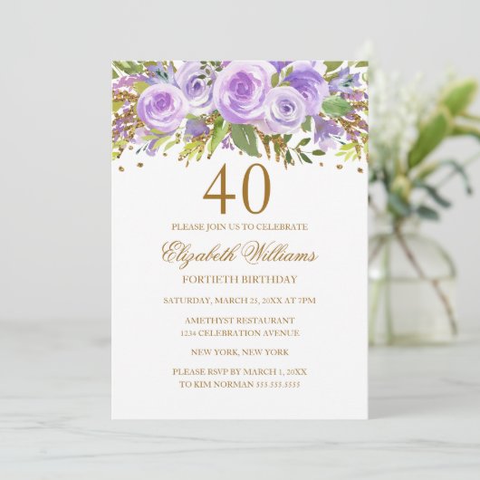 Paarse Gouden Bloem Roos 40e Verjaardag Kaart (Staand voorkant)