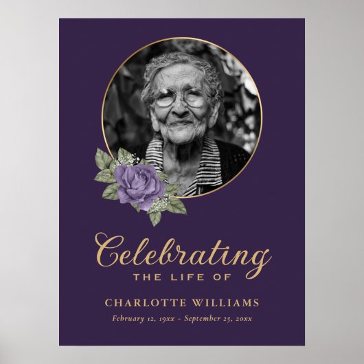 Paarse Gouden Bloem Rouwfoto Welkomstbord Poster (Voorkant)