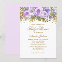 Paarse Gouden Bloem Roze Baby Shower Uitnodiging