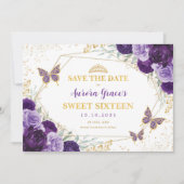 Paarse Gouden Bloem Sweet Sixteen Save the Date Aankondiging (Voorkant)