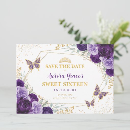 Paarse Gouden Bloem Sweet Sixteen Save the Date Aankondiging (Staand voorkant)