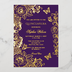 Paarse Gouden Bloem Vlinder Quinceañera Folie Uitnodiging