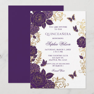 Paarse Gouden Bloem Vlinder Quinceañera Kaart