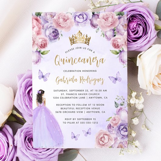 Paarse Gouden Bloem Waterverf Quinceañera Kaart