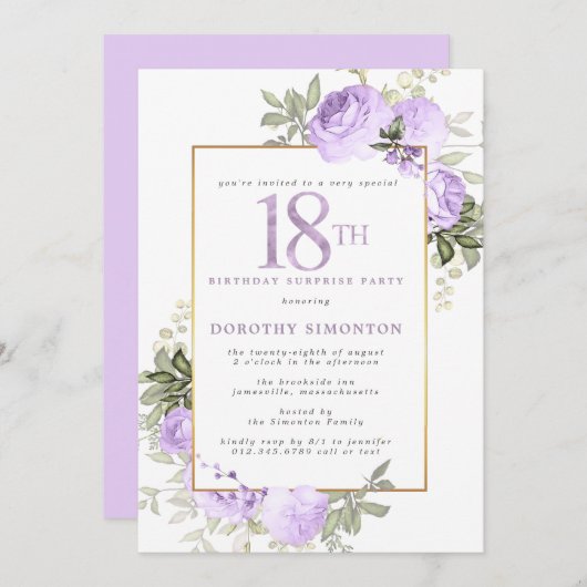 Paarse Gouden Bloemen 18e Verjaardag Surprise Part Kaart (Voorkant / Achterkant)