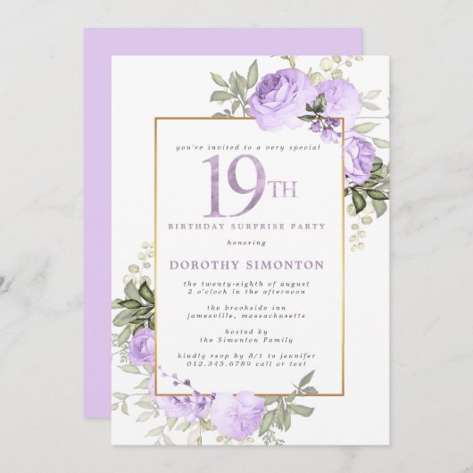 Paarse Gouden Bloemen 19e Verjaardag Surprise Part Kaart (Voorkant / Achterkant)