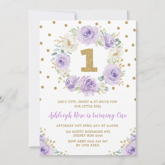 Paarse Gouden Bloemen 1e Verjaardag Wild One Party Kaart (Voorkant)