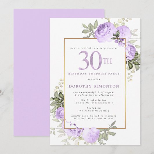 Paarse Gouden Bloemen 30ste Verjaardag Surprise Pa Kaart (Voorkant / Achterkant)