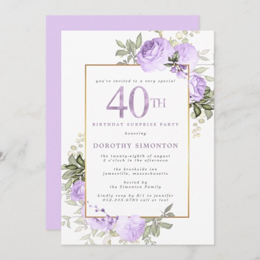 Paarse Gouden Bloemen 40e Verjaardag Surprise Part Kaart (Voorkant / Achterkant)