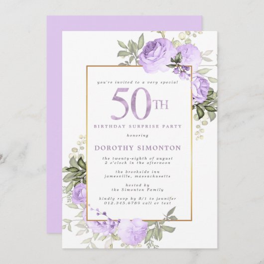 Paarse Gouden Bloemen 50ste Verjaardag Surprise Pa Kaart (Voorkant / Achterkant)