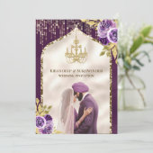Paarse Gouden Bloemen Anand Karaj Sikh Bruiloft Kaart (Staand voorkant)