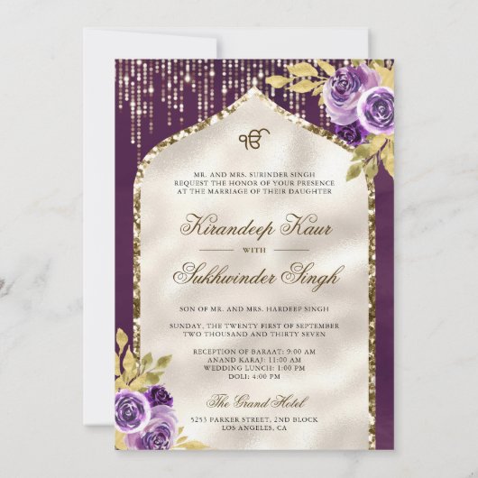 Paarse Gouden Bloemen Anand Karaj Sikh Bruiloft Kaart (Achterkant)