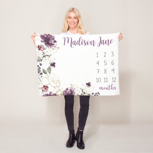 Paarse Gouden Bloemen Baby Milestone Deken Meisje (In situ)